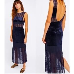 Free People Intimately Keep In Line Navy Crush Velvet Lace Boho Midi Maxi Dress